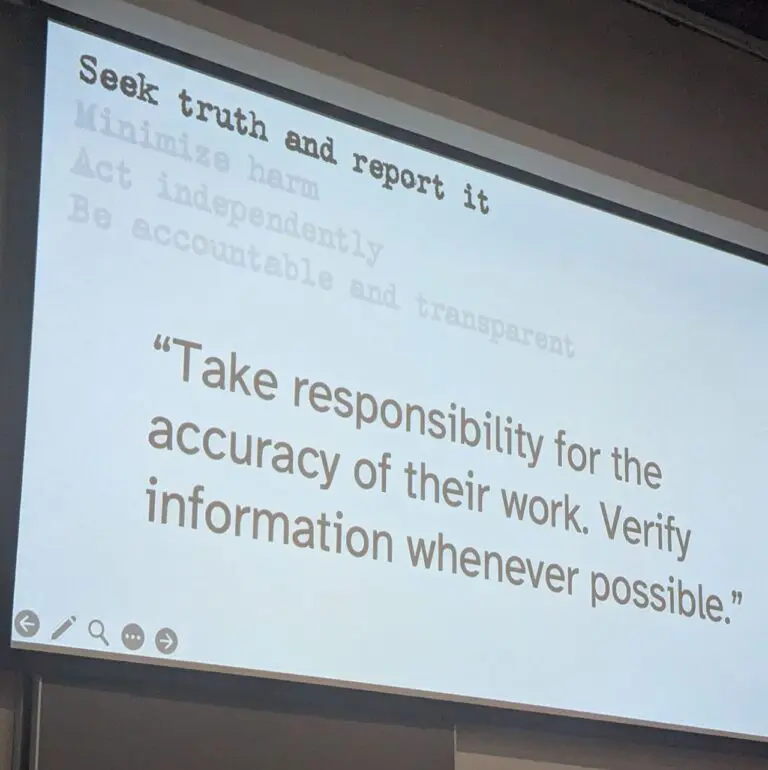 Slide reading Seek truth and report it, from a journalism ethics lecture